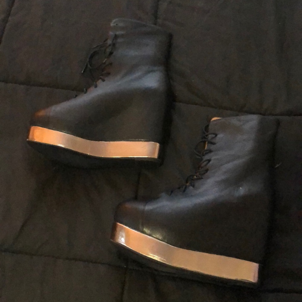 black  silver platform wedge zip up booties